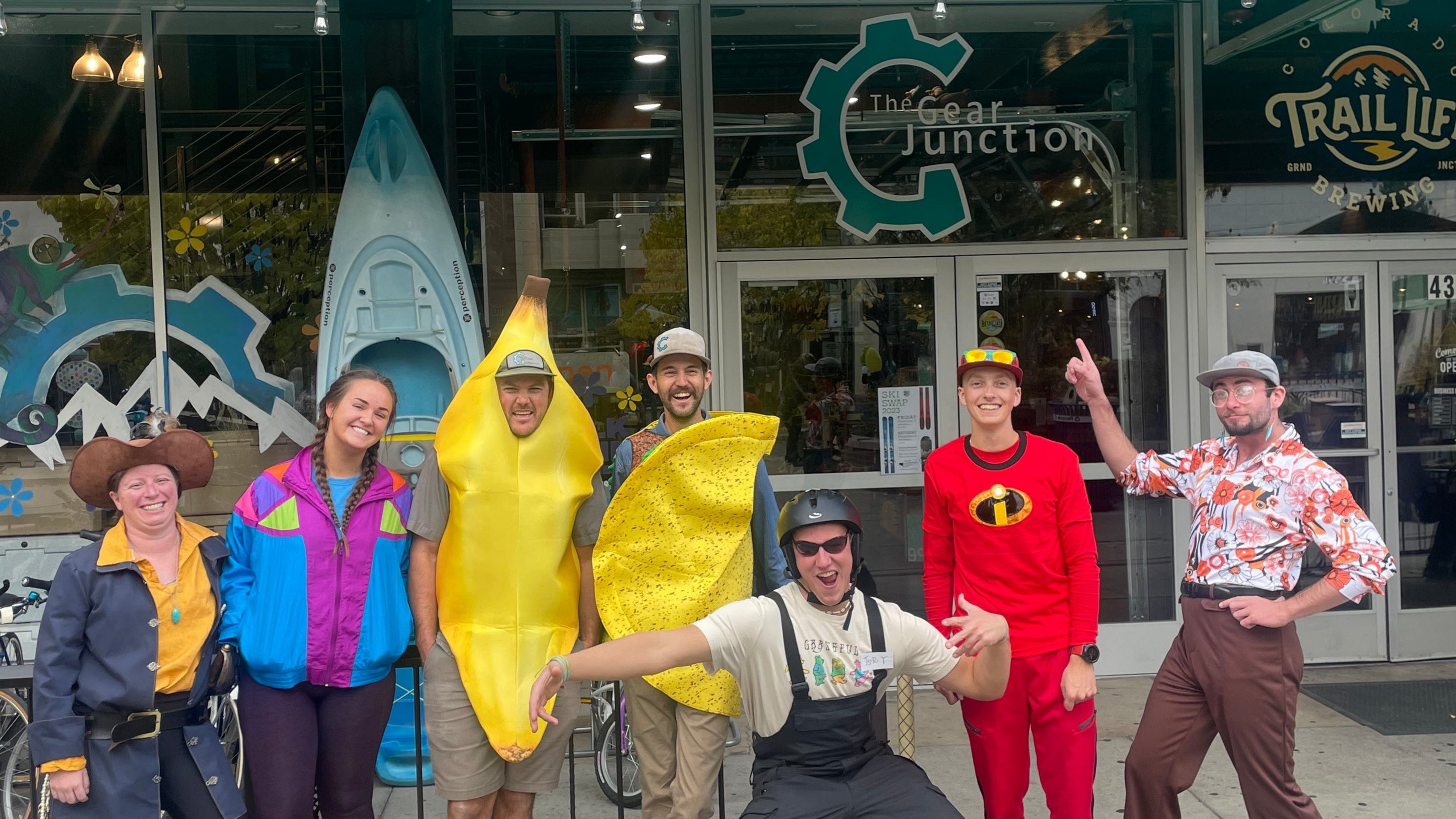 Rafters, Climbers, and Bikers staff the Gear Junction in downtown Grand Junction, wearing silly Halloween costumes.