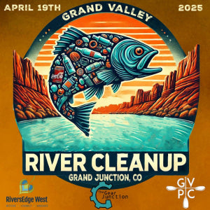 Grand Valley River Cleanup logo with a fish in the foreground and a river flowing through a canyon in the background.