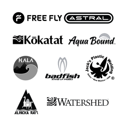 Collection of various brand logos, including Astral, Hala, Aquabound, and Watershed, on a white background