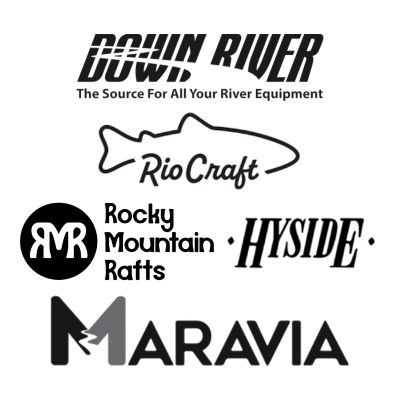 Collection of logos for Down River, Rio Craft, Rocky Mountain Rafts, Hyside, and Maravia on a white background.