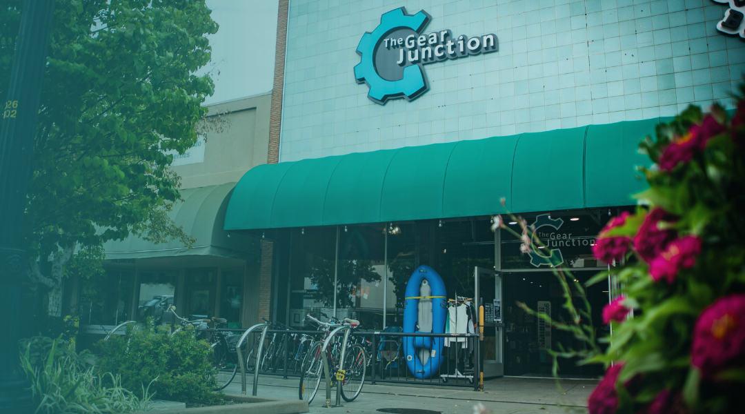 Teal tiled exterior of the Gear Junction storefront in Downtown Grand Junction